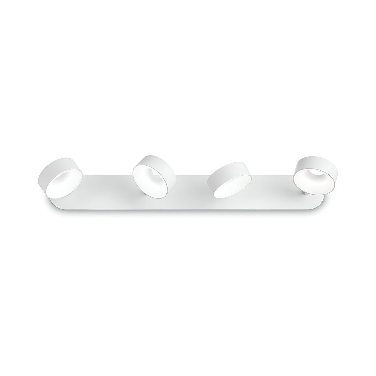 The Glissa LED Quad Bar Spotlight - White features an energy-efficient design with four adjustable circular white lights on a sleek horizontal base, beautifully complementing a plain white background.