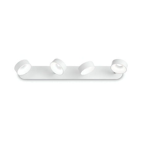 The Glissa LED Quad Bar Spotlight - White features an energy-efficient design with four adjustable circular white lights on a sleek horizontal base, beautifully complementing a plain white background.