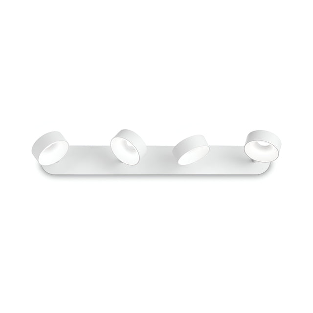 The Glissa LED Quad Bar Spotlight - White features an energy-efficient design with four adjustable circular white lights on a sleek horizontal base, beautifully complementing a plain white background.