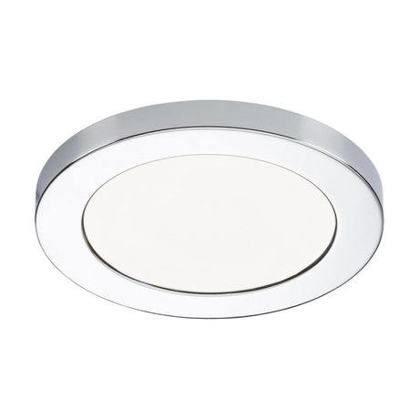 Introducing the CPL12 Polished Chrome Bezel: a round, flush-mounted LED panel ceiling light with a polished chrome finish and a white diffuser at its center, specifically designed for modern interiors.