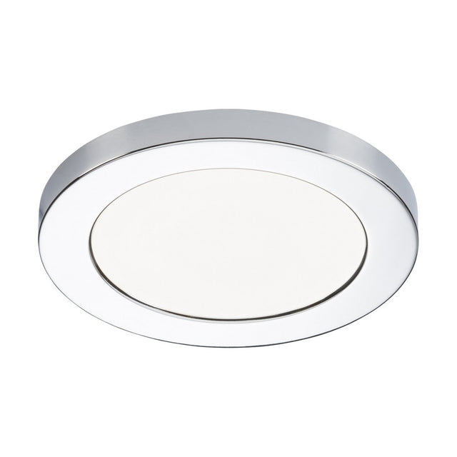 Introducing the CPL12 Polished Chrome Bezel: a round, flush-mounted LED panel ceiling light with a polished chrome finish and a white diffuser at its center, specifically designed for modern interiors.