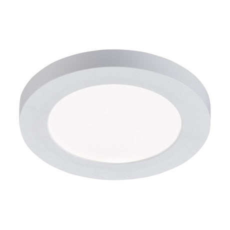 The 6W CCT Adjustable Circular LED Panel - 140mm is a white ceiling light fixture with a simple, modern design. It includes adjustable fixings and features a smooth outer rim that surrounds an LED panel, providing a flat, diffused central light area.
