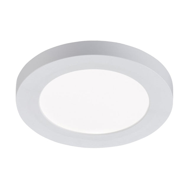 The 6W CCT Adjustable Circular LED Panel - 140mm is a white ceiling light fixture with a simple, modern design. It includes adjustable fixings and features a smooth outer rim that surrounds an LED panel, providing a flat, diffused central light area.