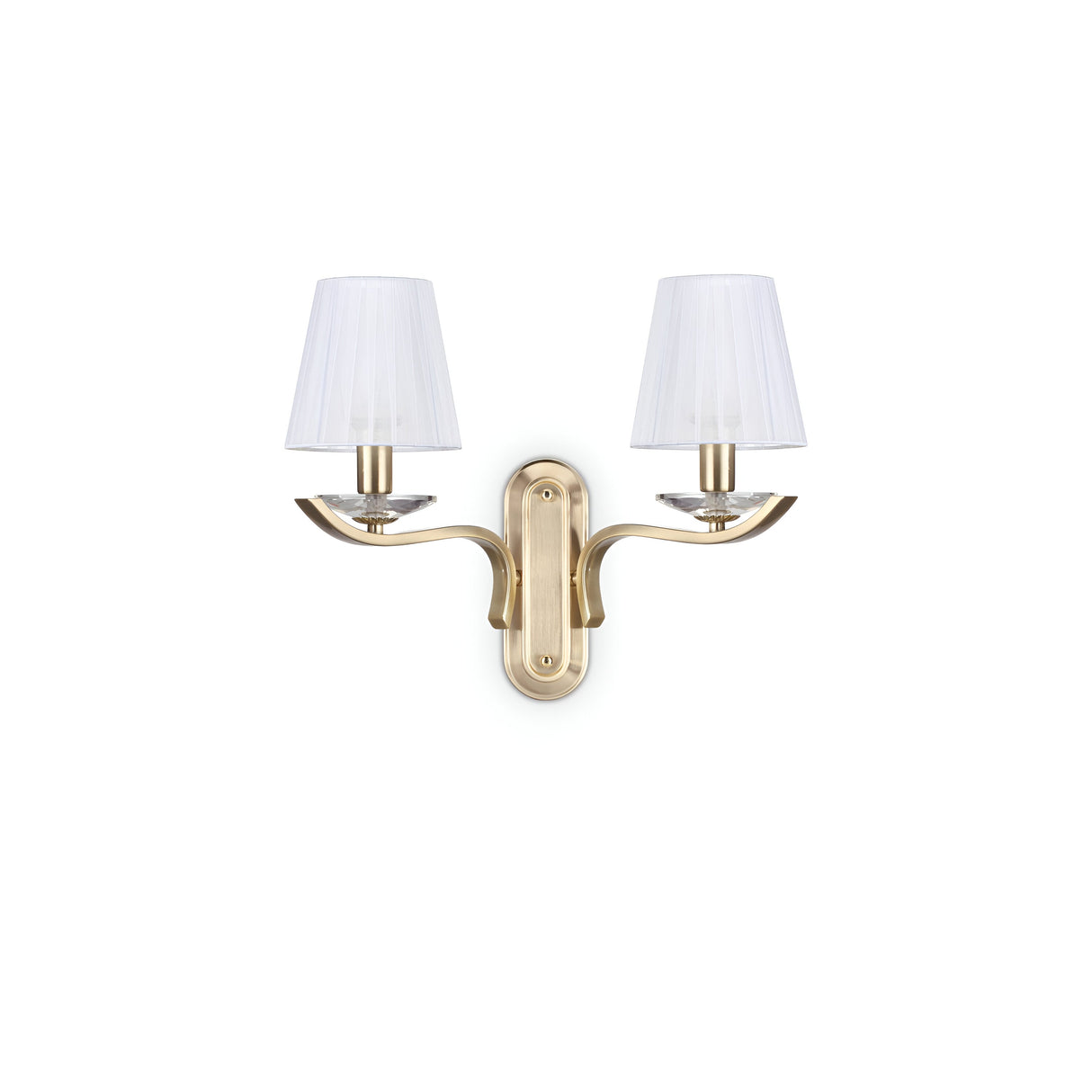 Introducing the Solum 2 Light Wall Light - Brass, featuring two elegant organza lampshades. This fixture boasts curved arms extending from a central base, delivering classic luxury lighting to any setting.