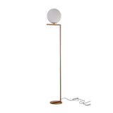 The Vetra 1 Light Opal Glass Floor Lamp features a slim gold stand, circular base, white opal glass spherical shade, and black electrical cord, all set against a plain white background.