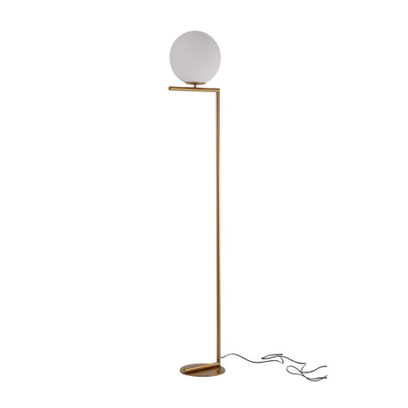 The Vetra 1 Light Opal Glass Floor Lamp features a slim gold stand, circular base, white opal glass spherical shade, and black electrical cord, all set against a plain white background.