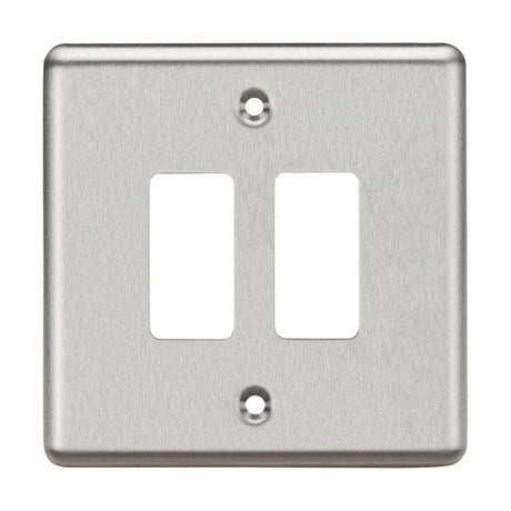 The 2 Gang Grid Faceplate - Rounded Edge Brushed Chrome is designed with a sleek appearance featuring two rectangular openings and three screw holes, making it ideal for seamless integration into the Knightsbridge Grid System.