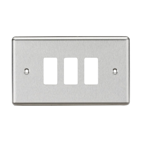 The 3 Gang Grid Faceplate - Rounded Edge Brushed Chrome offers a stylish triple light switch cover plate with a refined brushed chrome finish. This design features three rectangular switch openings and two screw holes for convenient installation.