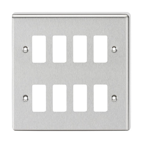 The 8 Gang Grid Faceplate with a rounded edge brushed chrome finish showcases eight rectangular cutouts for switches and includes four screw holes for easy mounting. Its sleek design complements any décor with a modern touch.