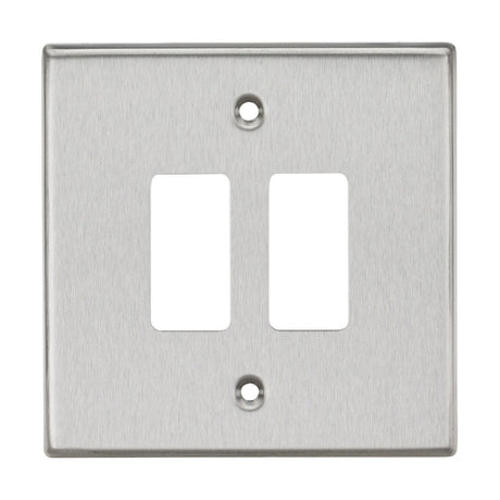 The 2 Gang Grid Faceplate in brushed chrome features two rectangular openings and a square edge design, offering a sleek and modern look. It includes two screw holes for easy mounting.