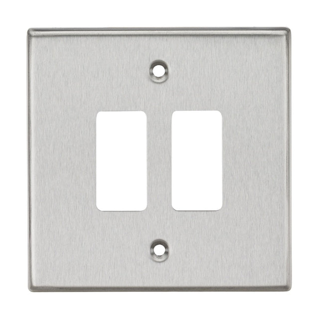 The 2 Gang Grid Faceplate in brushed chrome features two rectangular openings and a square edge design, offering a sleek and modern look. It includes two screw holes for easy mounting.