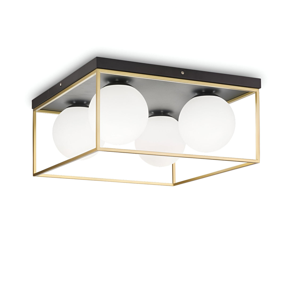 The Dawn 4 Light Flush - Brass features a modern design with white spherical bulbs encased in a sleek, square brass frame. This minimalist flush light is mounted on a black base for seamless ceiling integration, epitomizing contemporary elegance and style.