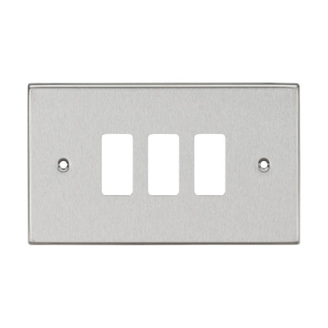 The 3 Gang Grid Faceplate - Brushed Chrome is a stainless steel wall plate with a brushed chrome finish, featuring square edge rectangular cutouts for switches. It is designed for easy installation with two screw holes and seamlessly integrates into any Knightsbridge Grid System.