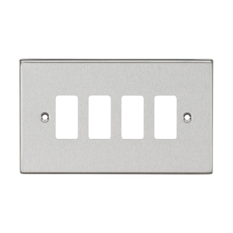 Introducing the 4 Gang Grid Faceplate - Brushed Chrome, a metallic wall plate with a sophisticated square edge. It features four rectangular openings arranged in a grid and includes two screw holes for straightforward installation.