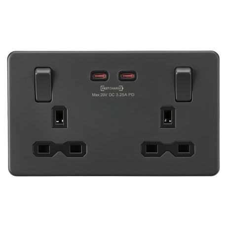 13A 2G DP Switched Socket with Dual USB-C [65W DUAL FASTCHARGE] - Anthracite
