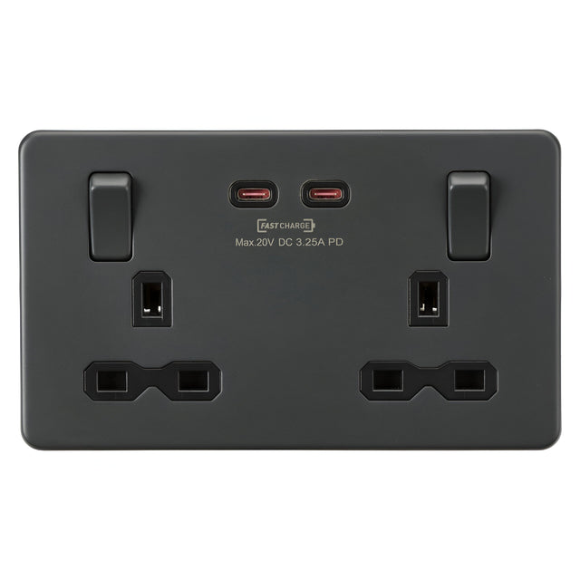 13A 2G DP Switched Socket with Dual USB-C [65W DUAL FASTCHARGE] - Anthracite