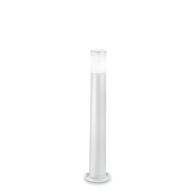 The Nightfall Outdoor Bollard Light - White is a sleek and modern outdoor lighting solution featuring a smooth silver finish. Its cylindrical design elegantly tapers near the top, where an opaque section provides a gentle illumination. With an IP55 rating for weather resistance, it is supported by a sturdy round base and set against a white backdrop.