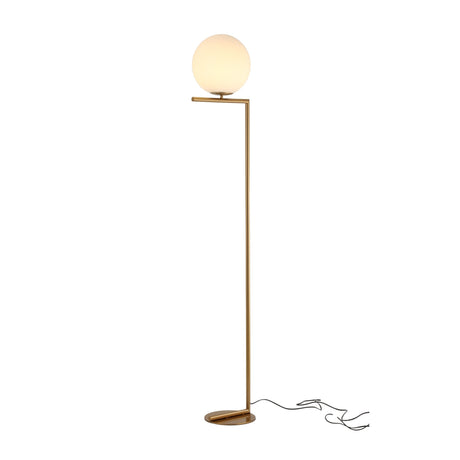 The Vetra 1 Light Opal Glass Floor Lamp in gold features a metal stand, round flat base, frosted opal glass globe shade at the top, and a visible black cord—ideal for stylish modern lighting.