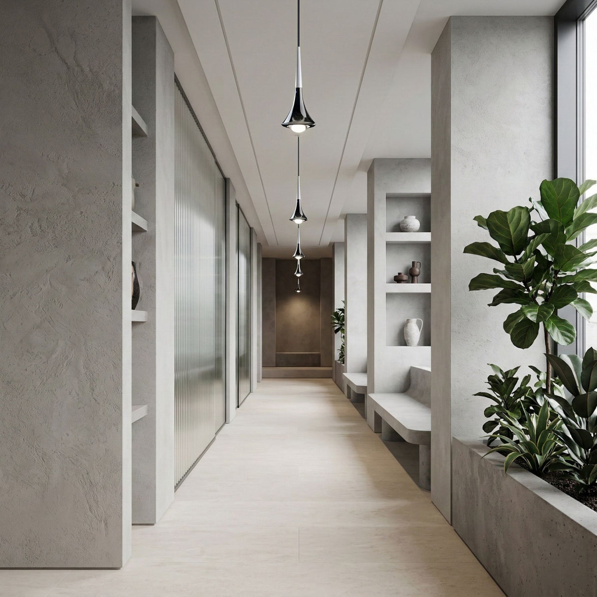 Niori Droplet LED Glass Pendant Lights in white and black hang in a cluster along a minimalist hallway with concrete shelves, benches, and potted plants.