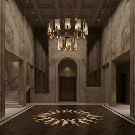 A grand marble foyer features the Aurevon 16 Light 2 Tier Circular Alabaster Chandelier in soft white & copper, casting elegant patterns on a dark herringbone floor, with twin staircases and a tall arched doorway at center.
