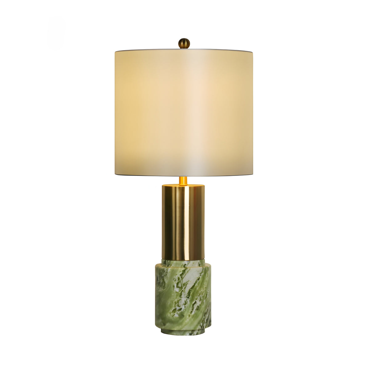 The Lunaro 1 Light Marble Table Lamp features a brass midsection, a green marble base, and a cylindrical beige shade, shown against a white background.