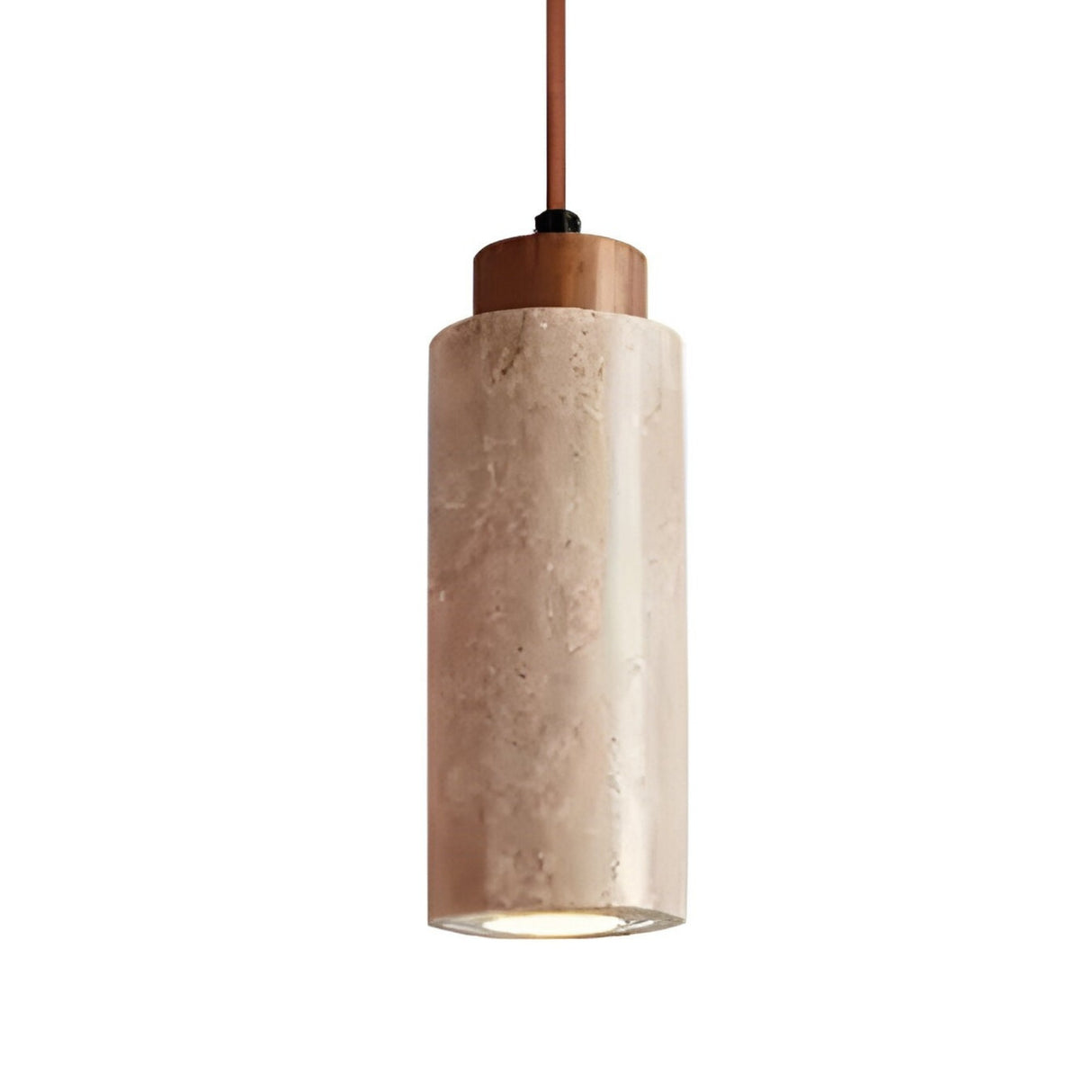 The Corano 1 Light Cylinder Travertine Single Pendant Light features a stone-textured light beige shade, walnut brown cord, and E27 socket—reminiscent of a travertine lamp—shown here against a white background.