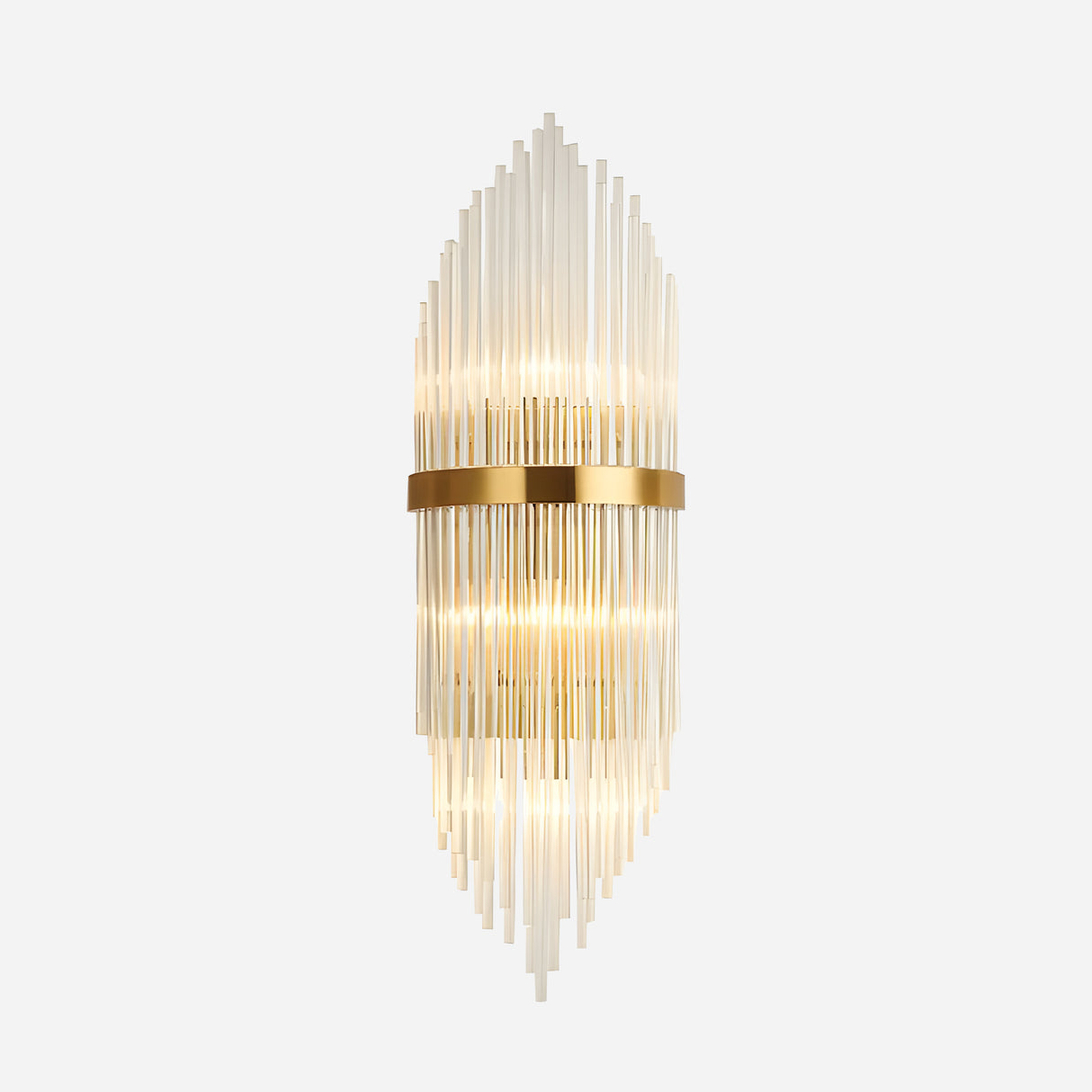 The Oriana 2 Light Crystal Wall Light - Gold is an Art Deco-inspired wall fixture featuring cascading glass rods arranged vertically and highlighted by a central gold band. This luxurious design emits a warm, elegant light, making it perfect for sophisticated interiors.