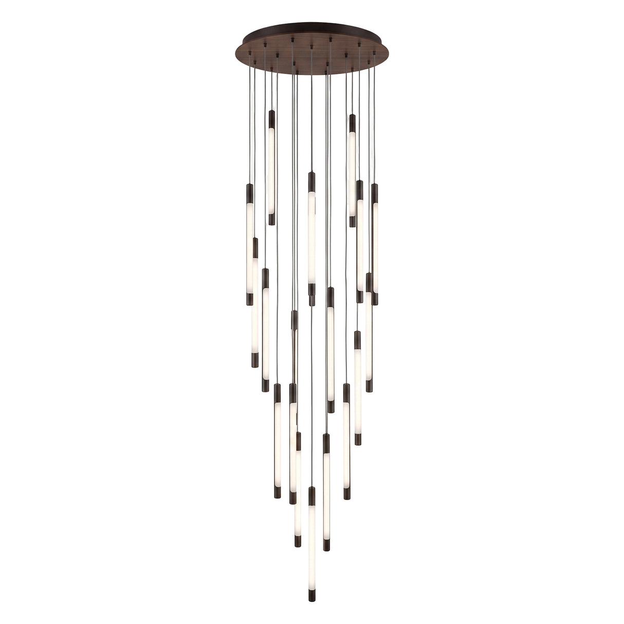 Index 20 Light Cylinder Ceiling Light with round bronze ceiling plate and 20 LED tube pendants cascading at varied lengths, black metal fittings, on a plain white background.