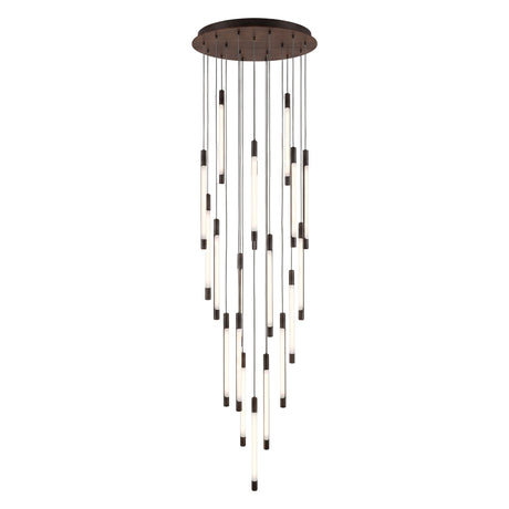 Index 20 Light Cylinder Ceiling Light with round bronze ceiling plate and 20 LED tube pendants cascading at varied lengths, black metal fittings, on a plain white background.