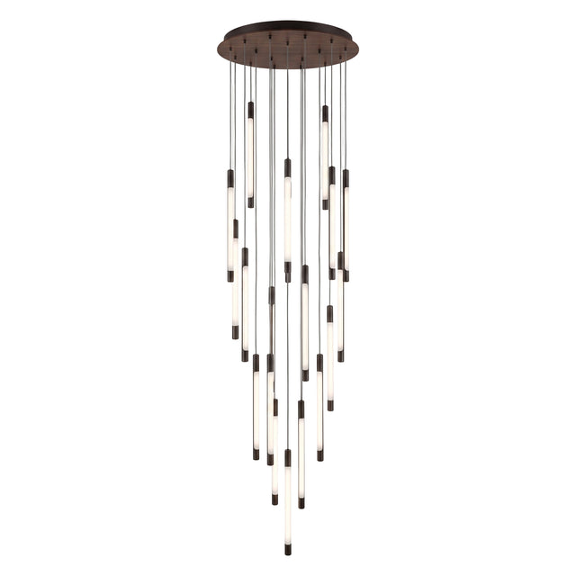 Index 20 Light Cylinder Ceiling Light with round bronze ceiling plate and 20 LED tube pendants cascading at varied lengths, black metal fittings, on a plain white background.