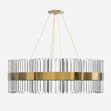 Introducing the Liberty LED Crystal Glass Suspension Light – Gold, a contemporary chandelier with a circular design. It boasts a gold metallic frame paired with vertical crystal rods, suspended from a round ceiling mount by four slender gold cables, all showcased on an immaculate white background.