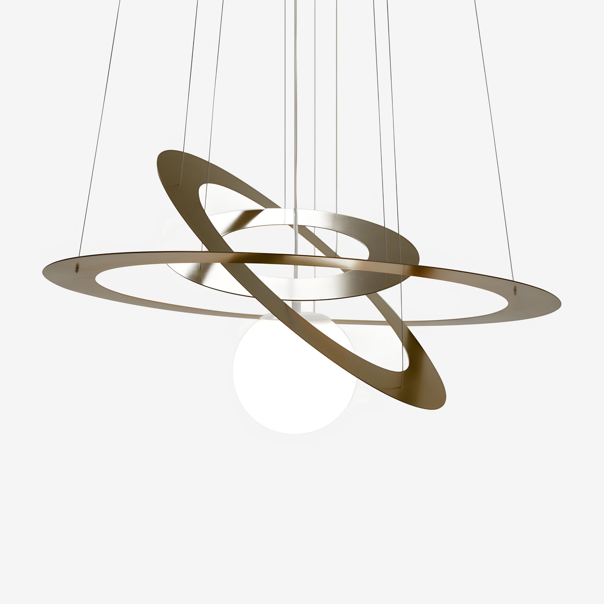 The Universe Dimmable LED Suspension Light - Bronze showcases a contemporary, minimalist design with two overlapping metallic rings and a central spherical light. Its bronze finish contributes to its elegance, and it is suspended by thin wires against a white background. This stylish fixture offers adjustable brightness, blending style with functionality.