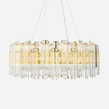 The Allora 12 Light Crystal Suspension - Gold is a luxurious lighting fixture with an oval design. Its vertically arranged crystal-like rods beautifully reflect golden light, while the sleek, minimalist supporting wires enhance its elegant and modern appearance.