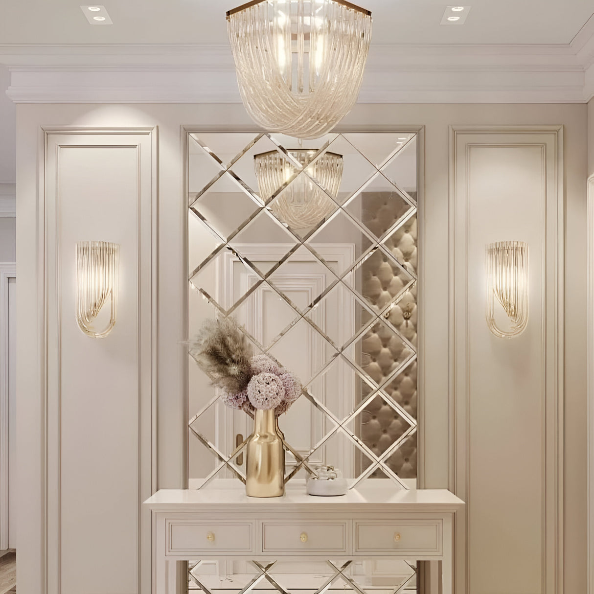 The elegant foyer features a mirrored wall and a console table adorned with a golden vase filled with flowers. Two wall sconces accompany the Murano 6 Light Crystal Chandelier - Chrome, providing soft lighting that enhances the room's neutral tones and Art Deco elegance in its refined decor.