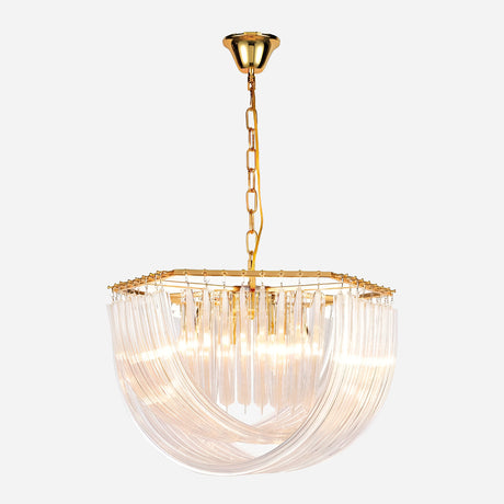 The Murano 6 Light Crystal Chandelier - Gold, suspended from a chain, exudes vintage opulence with its modern, elegant design and cascading glass elements. When illuminated, it casts a warm glow that stands out against the plain white background.