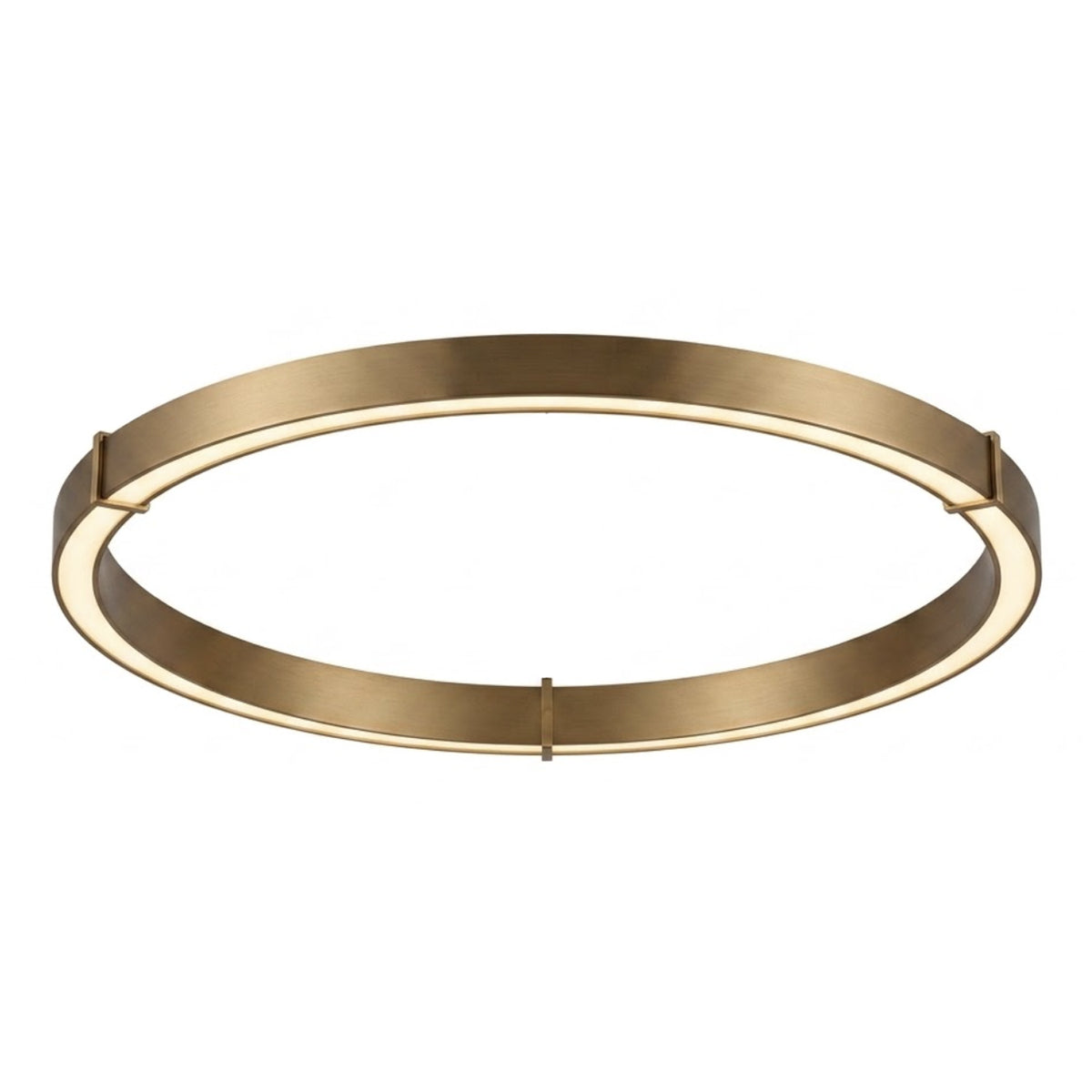 Orbita LED Ceiling Light 116cm, a large circular flush fitting in brushed brass-toned metal with an integrated ring light emitting a soft glow, shown on a plain white background.