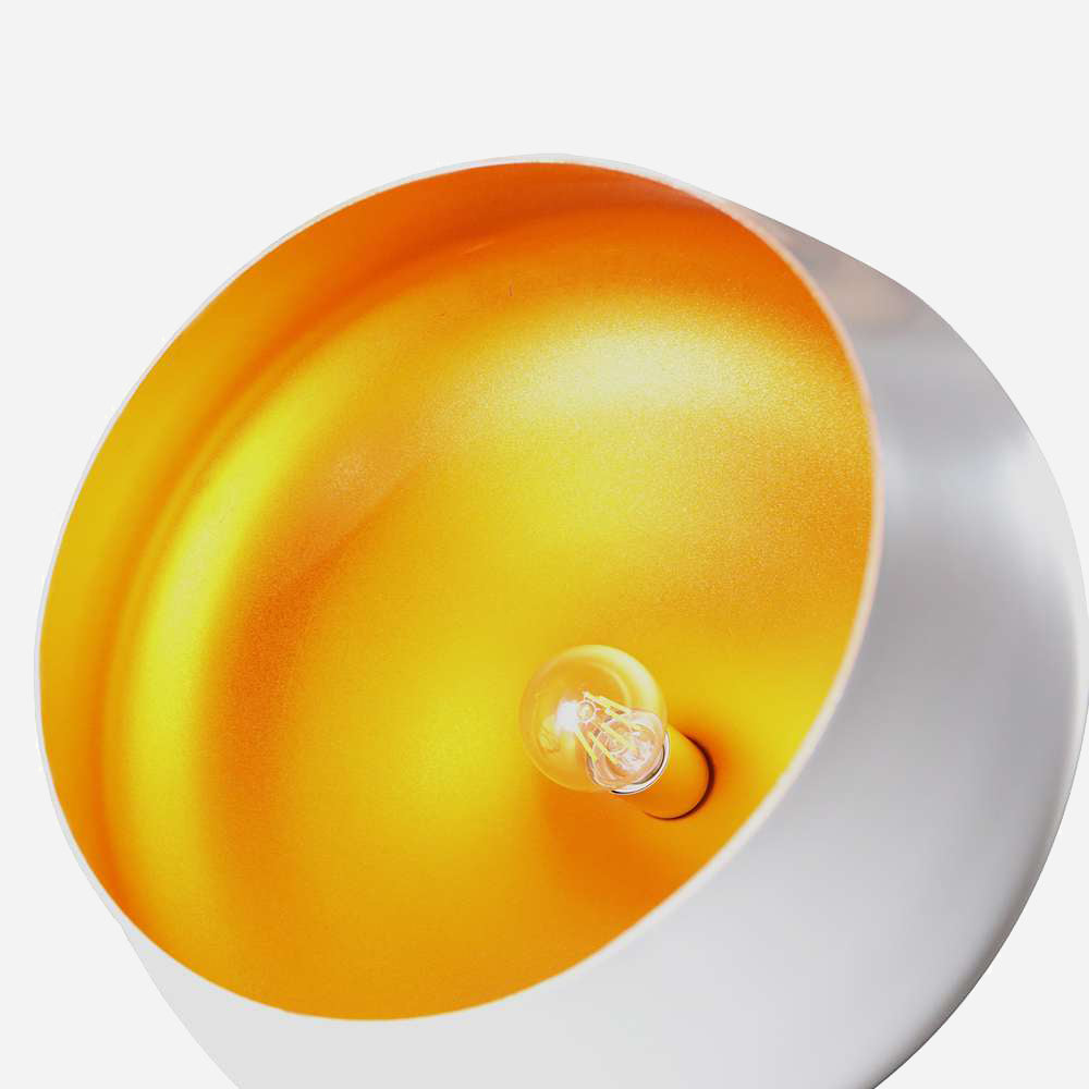 Close-up of the Funk Stout Small Pendant Light in white, featuring a round metallic lampshade with a smooth, reflective inner surface in bright orange. A small light bulb is centrally positioned, enhancing modern interiors and adding a sleek minimalist decor vibe typical of contemporary pendant lights.