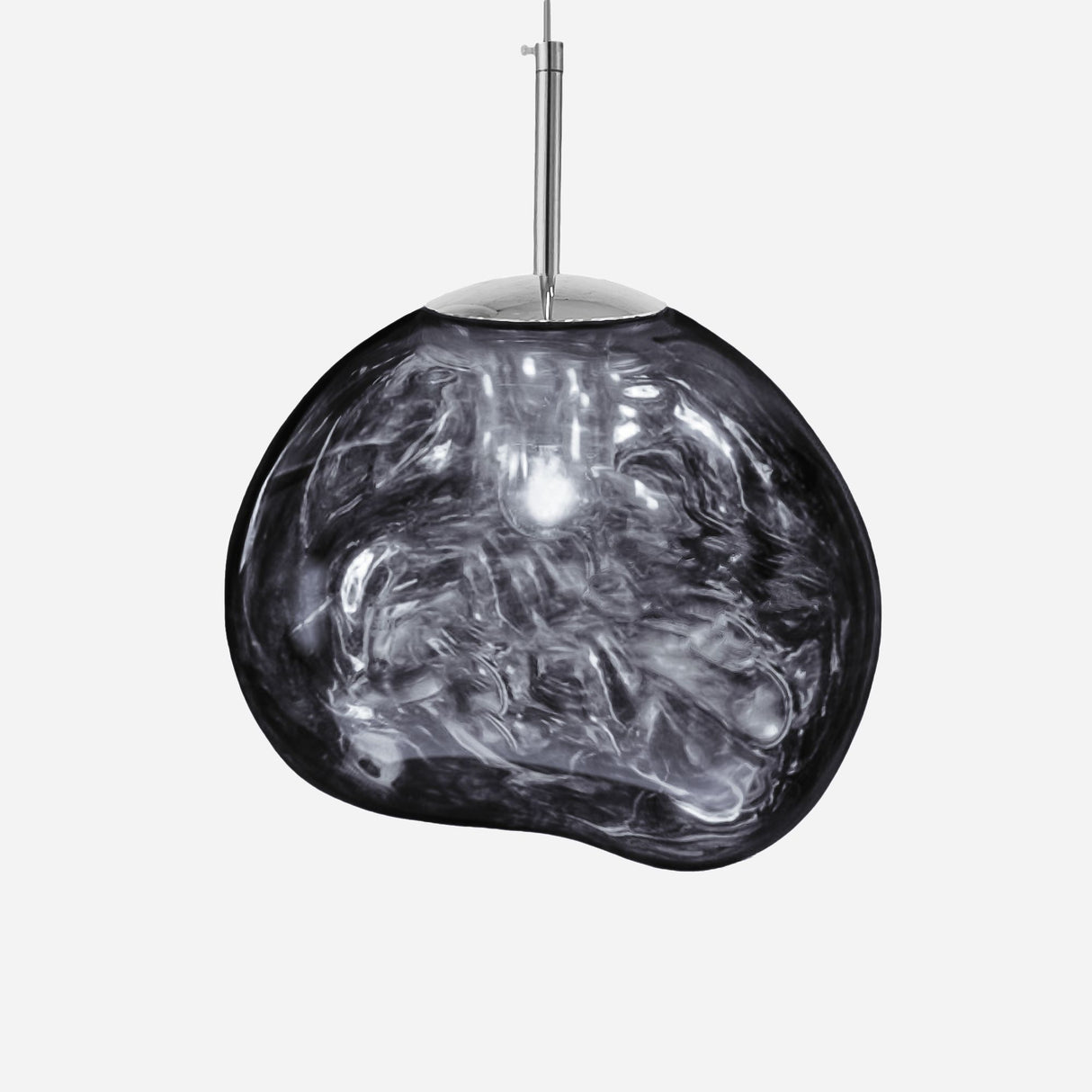 The Ex-Display Lava Large Pendant Light - Silver features a shiny, irregularly shaped semi-transparent smoky glass shade suspended from a slim metal rod, creating a contemporary lighting statement.