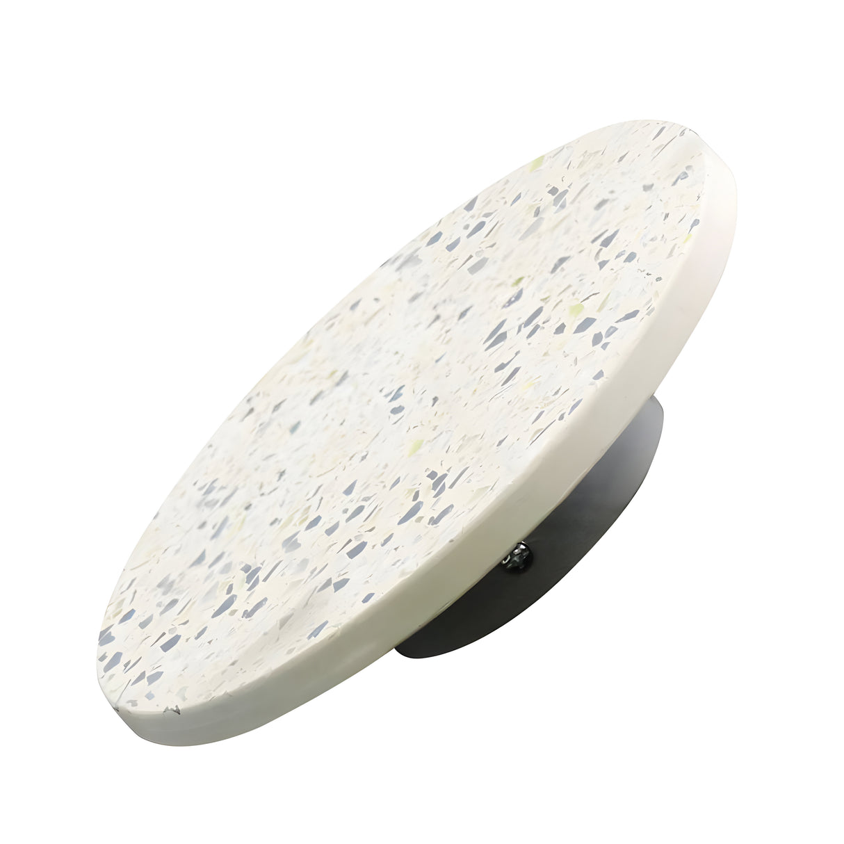 Round terrazzo tabletop with a speckled pattern of black, gray, and beige, set on a black metal base. Perfectly complements the ambient halo of the Pin LED Wall Light, embodying modern minimalism.