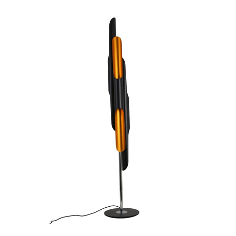 The Stealth 6 Light Floor Lamp in brass and black features a sleek, slim stand and bold vertical shade, making it a striking modern addition to your space. Its visible power cord adds an industrial touch to the clean white floor.