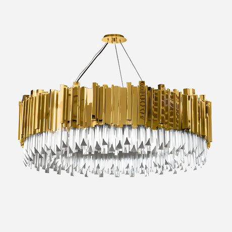 Presenting the Royal 6/8/12 Light Suspension Light - Gold, an opulent chandelier adorned with a gold finish. It features an outer layer of gold rectangular plates and an inner cascade of crystal-like elements. This masterpiece is suspended from a gold ceiling mount by delicate black wires, offering a customizable arrangement to enhance your elegance.