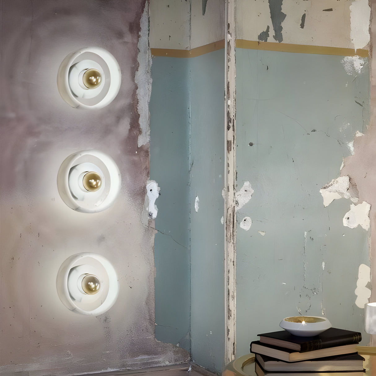 A rustic room with peeling paint on the walls features three vertically aligned Marble Wall Lights in white and gold on the left wall. A small table on the right holds stacked books and a bowl with a spoon. The room exudes vintage charm with a minimalist touch, blending elements of luxury home decor.