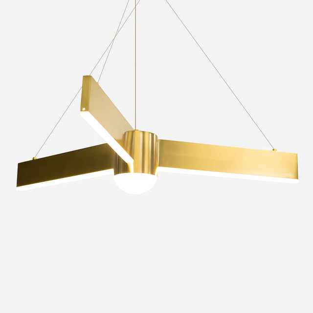 The Fritz LED Suspension Light - Matte Gold features a modern design with three rectangular arms extending from a central cylindrical hub, suspended by thin, adjustable-height wires. The light source radiates from the center, all set against a plain white background.