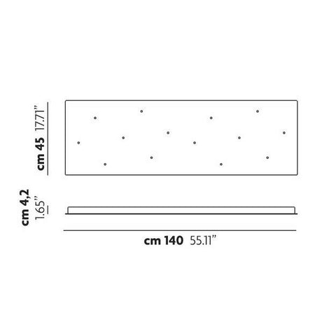 A line drawing of the Cluster 14 Light Rectangular Canopy - White, perfect for pendant lights, features dimensions of 140 cm in length, 45 cm in height, and 4.2 cm in depth. Small dots on the design may represent mounting points. Measurements are also available as: 55.11 inches by 17.71 inches by 1.65 inches.