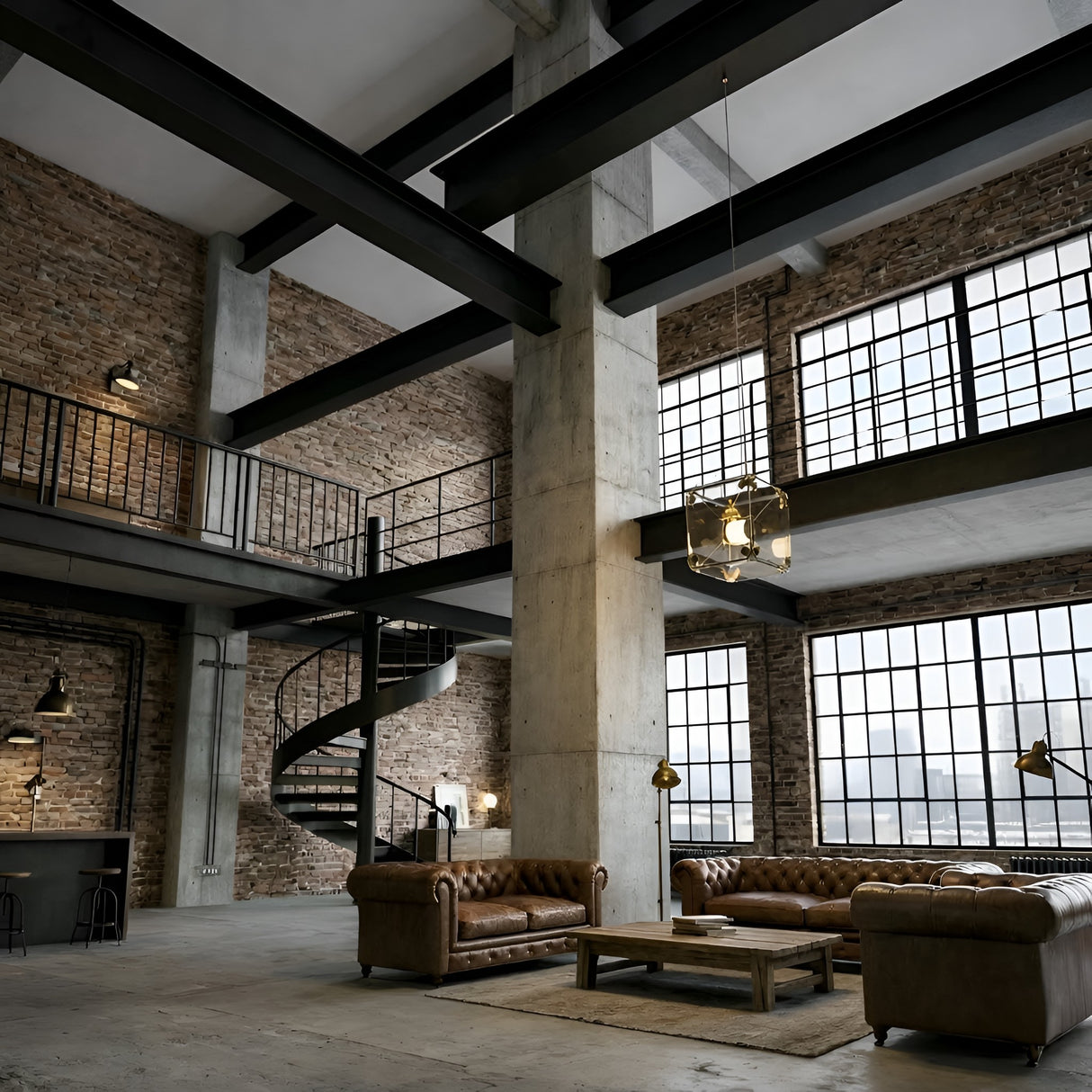 Spacious industrial loft with exposed brick walls, large windows, brown leather sofas, a wooden coffee table, and a Qbic LED Large Pendant Light - Clear above the seating area; spiral staircase leads to a mezzanine.