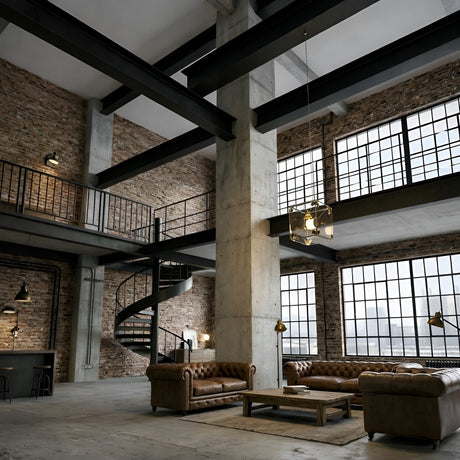 Spacious industrial loft with exposed brick walls, large windows, brown leather sofas, a wooden coffee table, and a Qbic LED Large Pendant Light - Clear above the seating area; spiral staircase leads to a mezzanine.