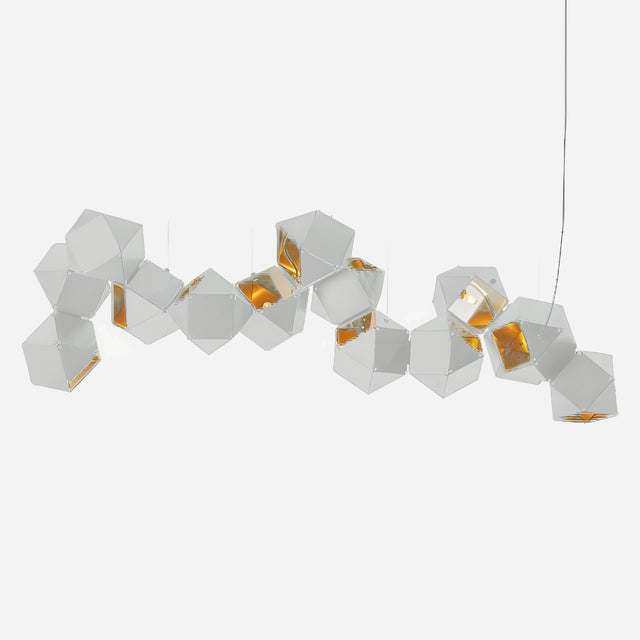 The Spar Linear Suspension Light - White & Gold exudes geometric elegance with its series of interconnected shapes. Its white exterior is beautifully paired with a warm, glowing gold interior, offering a dynamic and irregular cluster that enhances the sophistication of modern interiors.