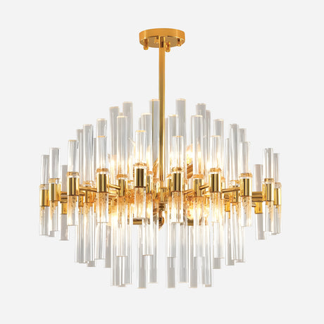 The Chiara 15 Light Crystal Chandelier - Gold is a luxurious masterpiece featuring a gold frame adorned with handcrafted glass rods, casting an elegant, warm glow.