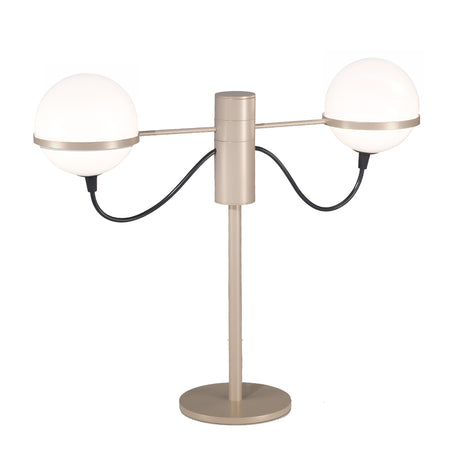 Giro 2 Light Linear Globe Glass Table Lamp with two round opal glass globes on curved black cables, champagne metal stem and round base, shown on a plain white background.