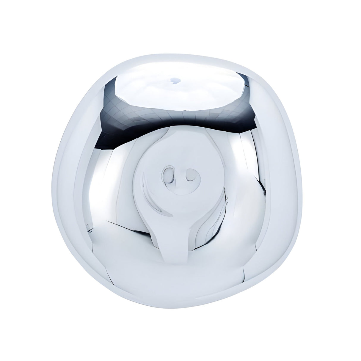 A shiny, rounded metallic object with a raised center and tab resembles the top view of a can lid. Its smooth, reflective surface mirrors the sleek style of the Lava Large LED Wall & Ceiling Light - Silver.